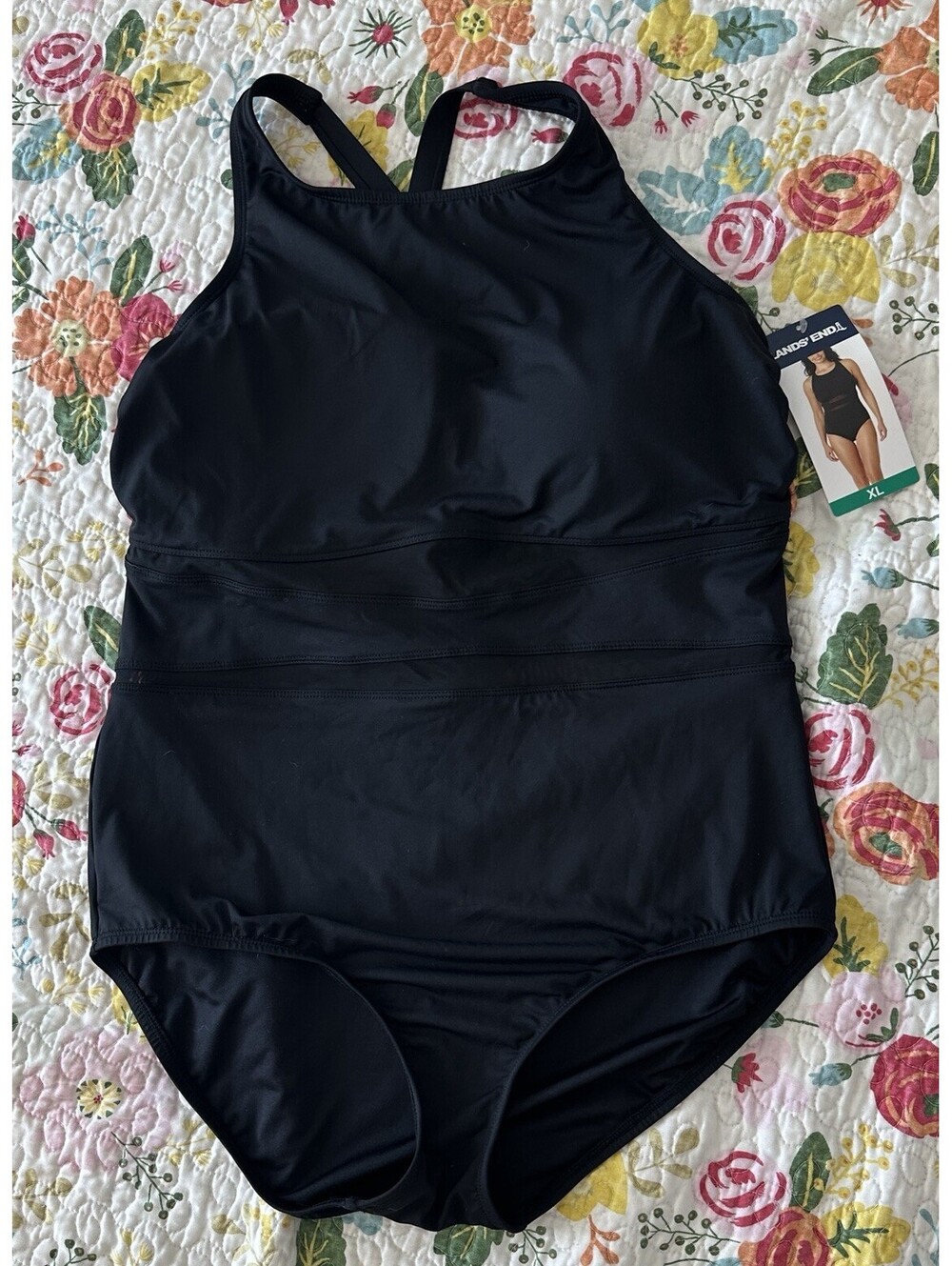 NWTS Lands End Black One Piece Mesh Detail Slimming Classic Swimsuit Size XL